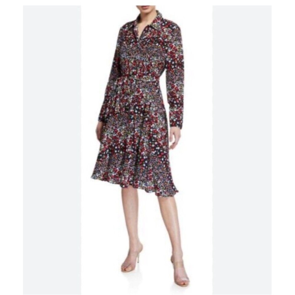 Nanette‎ Lepore Dress SZ 2 Black Red Floral Long Sleeve Midi Button Tie Waist
